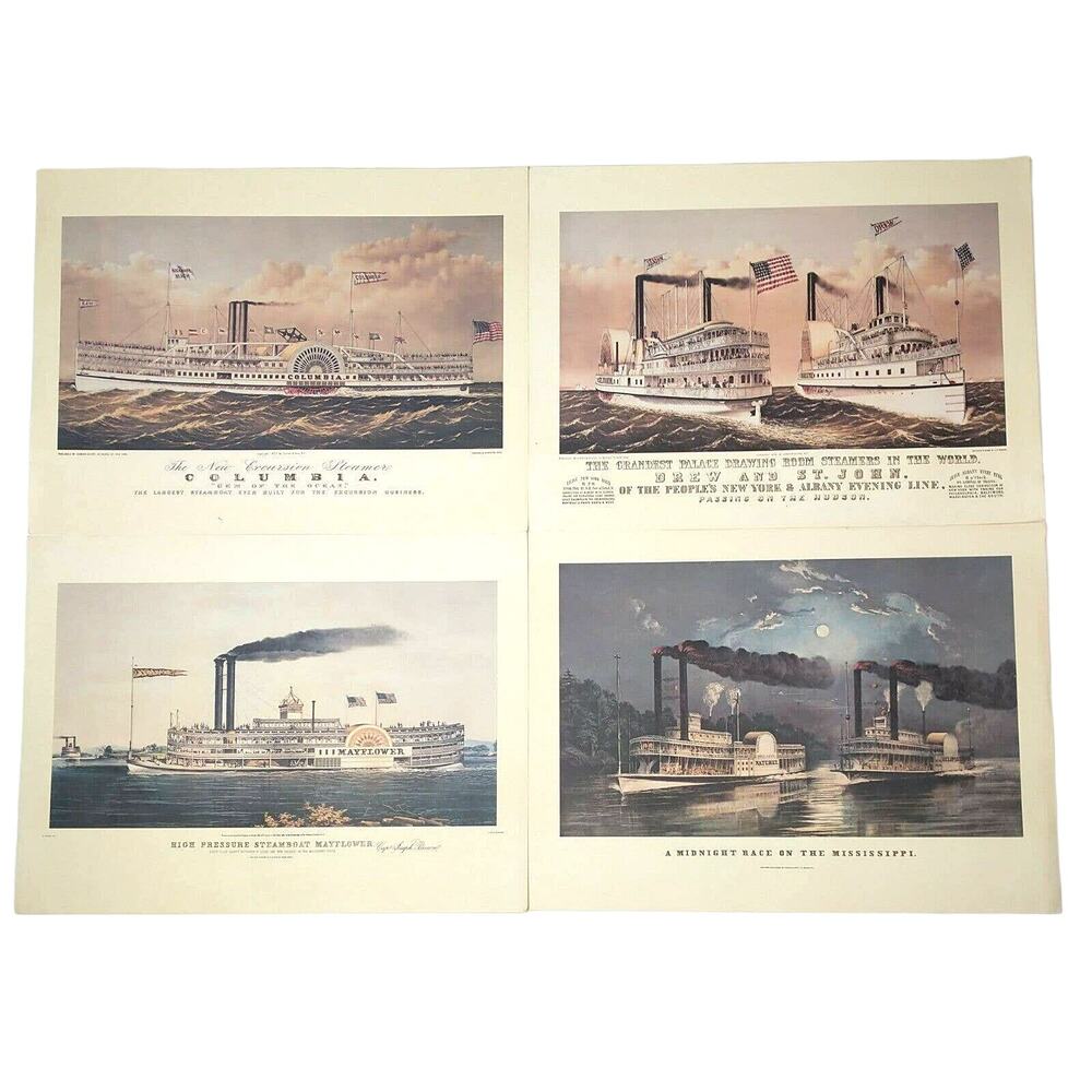 4 Currier And Ives The River Lithograph Prints Mississippi Steamboat Mayflower